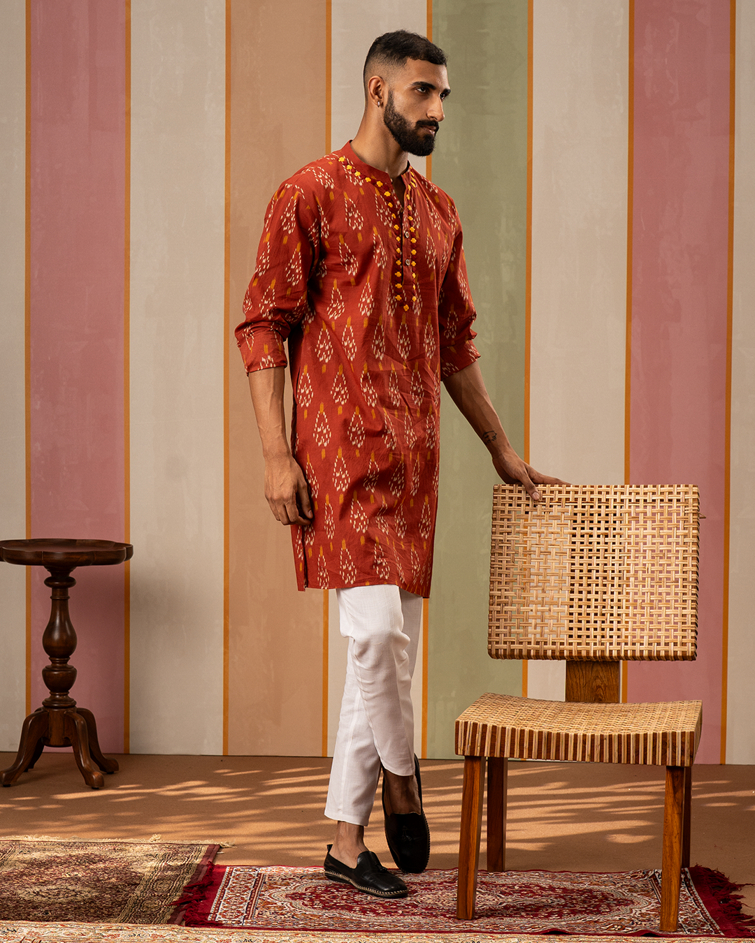 Rust Ikat Printed Cotton Kurta With Embroidery