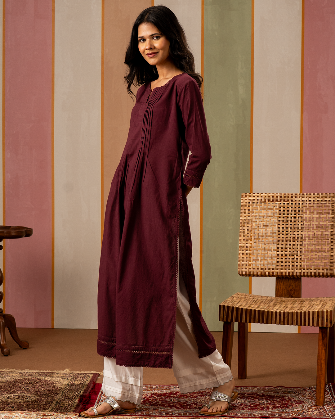 Purple Solid Cotton Straight Kurta