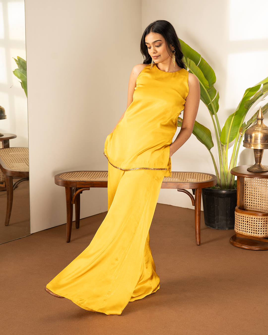 Ochre Yellow Satin Indowestern Set