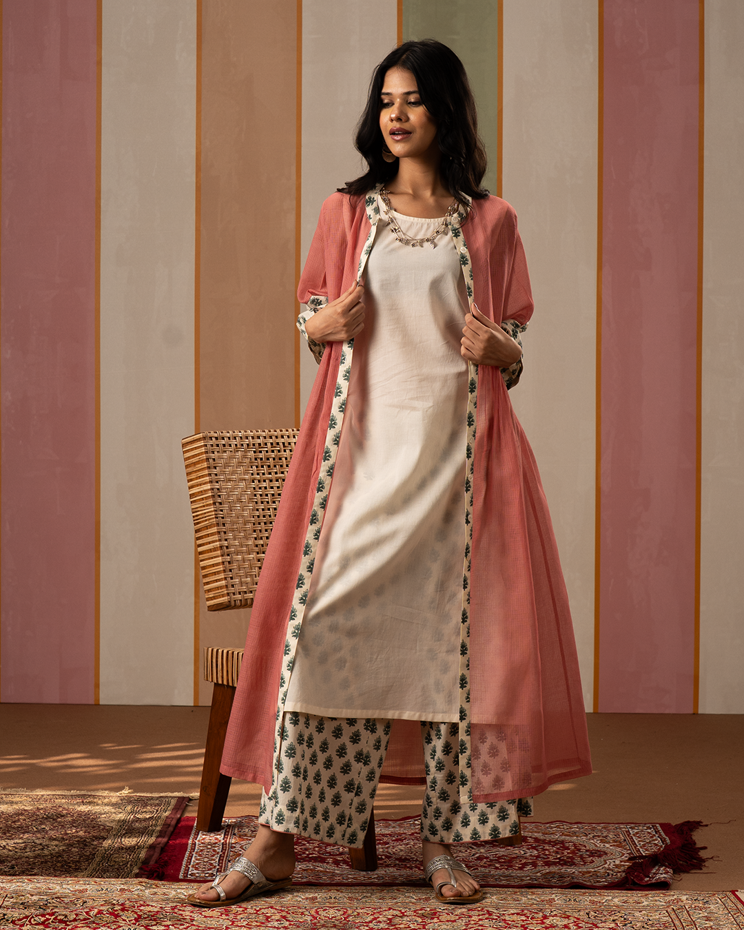 Pink and White Cotton Doria Kurta