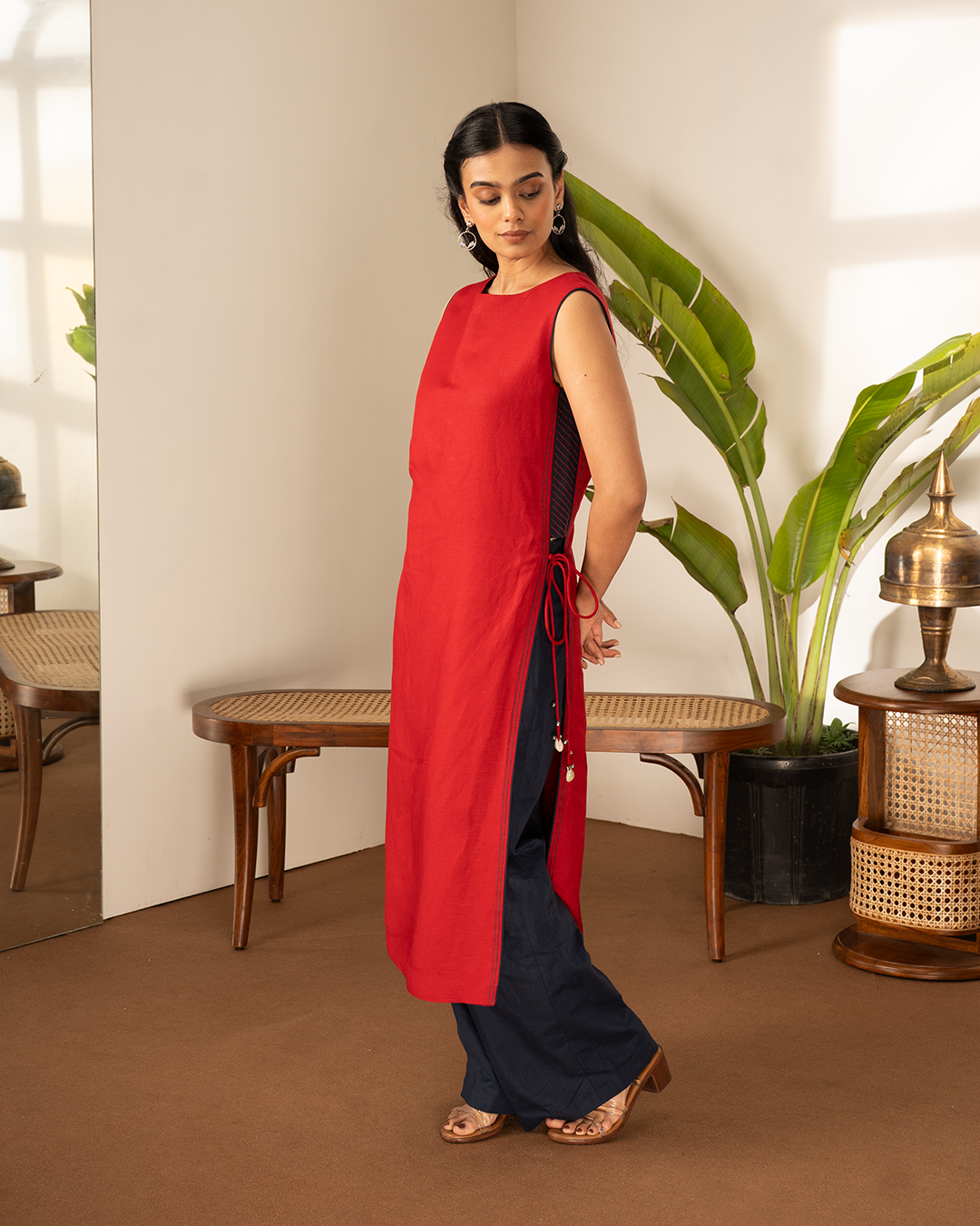 Red Blue Linen Side Trim Straight Kurta