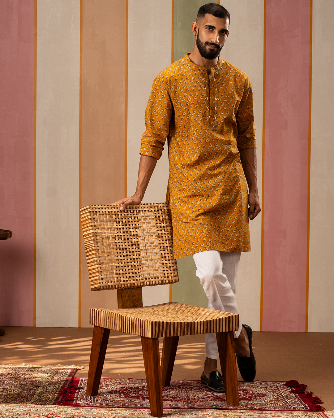 Yellow Blockprint Cotton Kurta With Embroidery