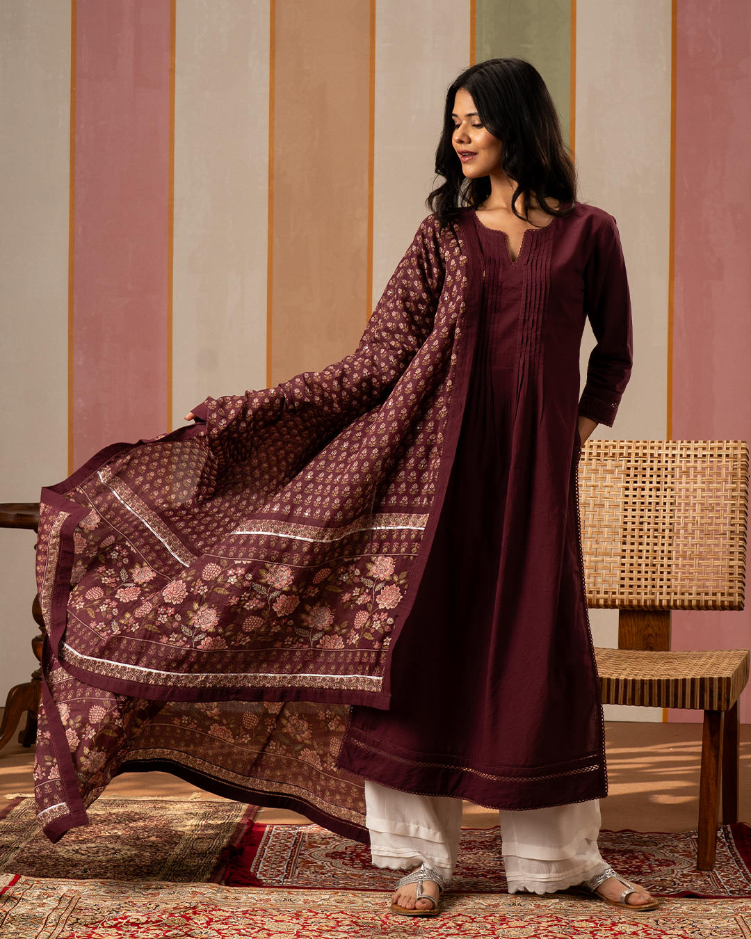 Purple Solid Cotton Kurta Set with Printed Cotton Dupatta