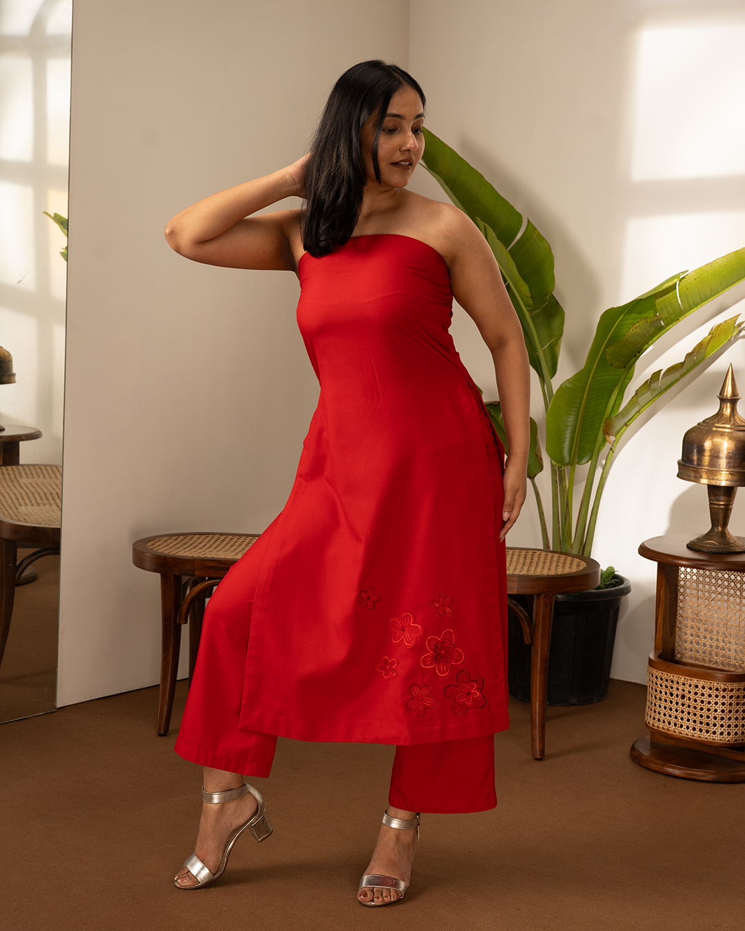Red Cotton Flower Applique Tube Kurta