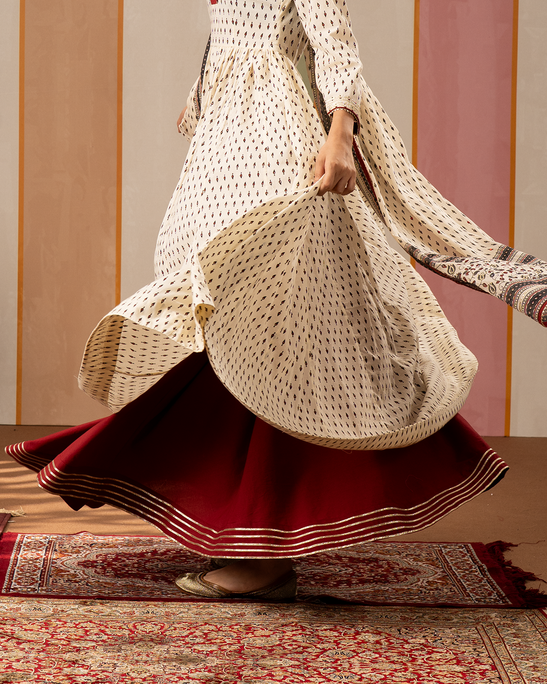 Maroon Solid Cotton Long Skirt with Gota