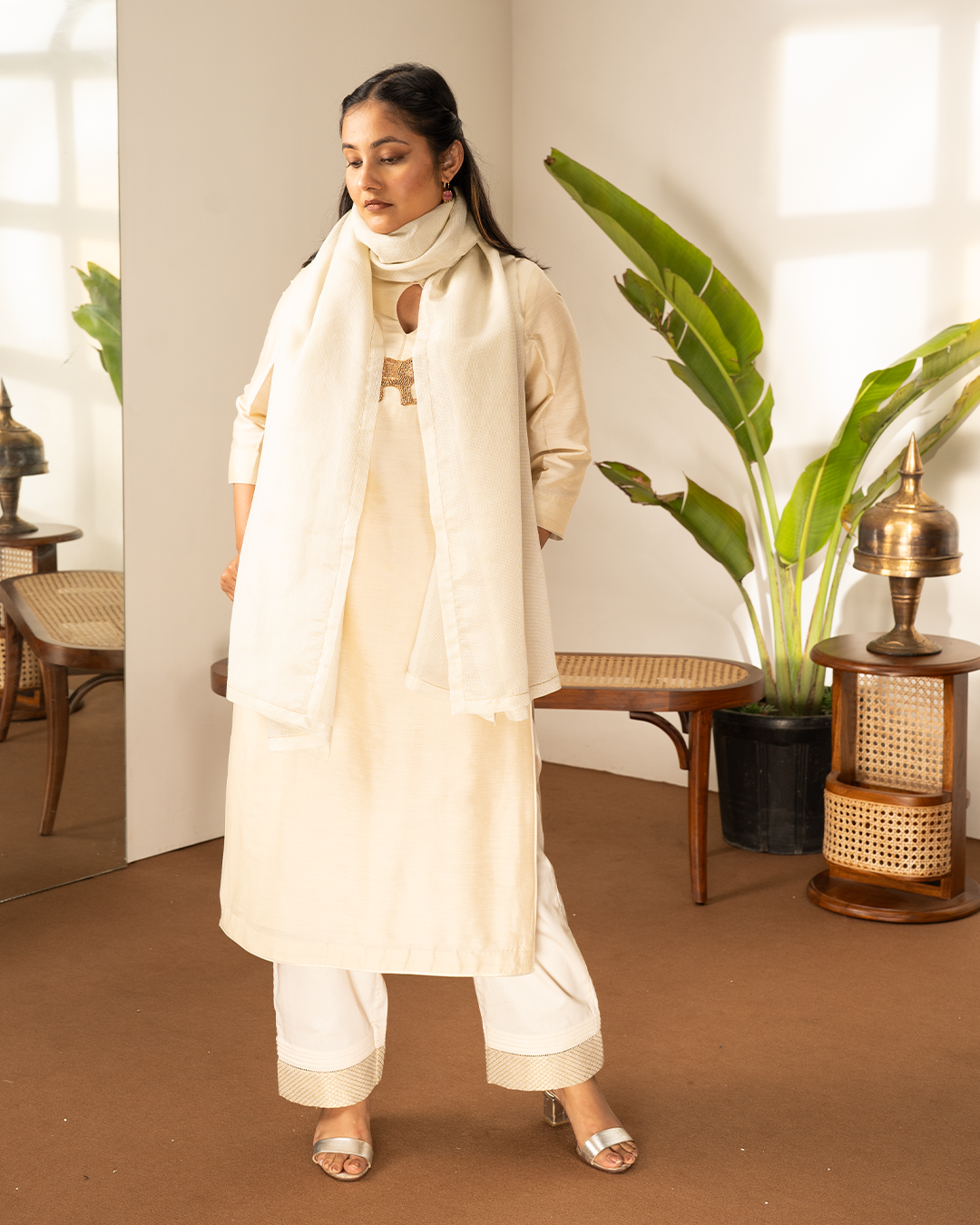 Beige Cotton Silk Tissue Kurta 3-Piece Set