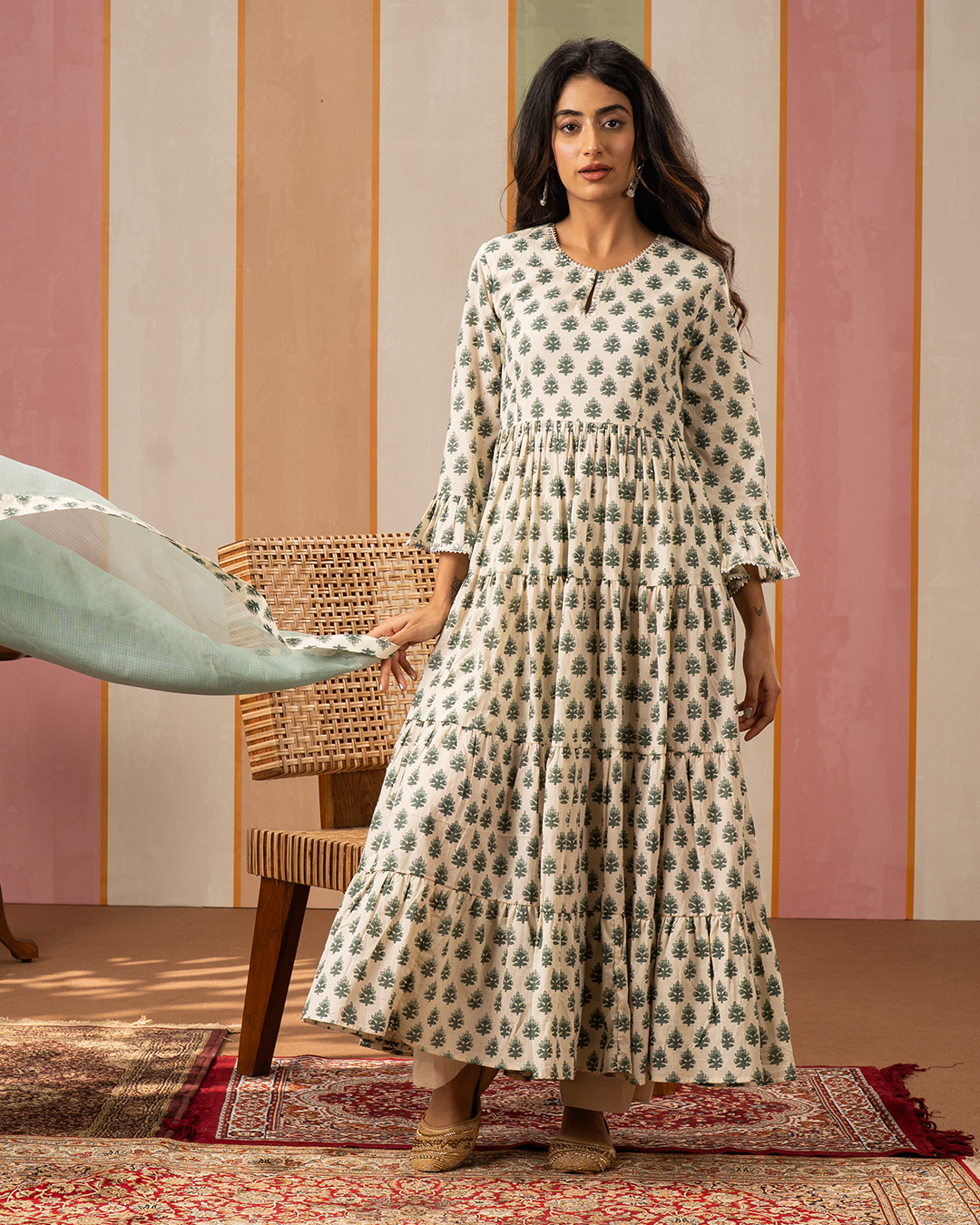Sea Green and White Printed Flare Long Kurta Set