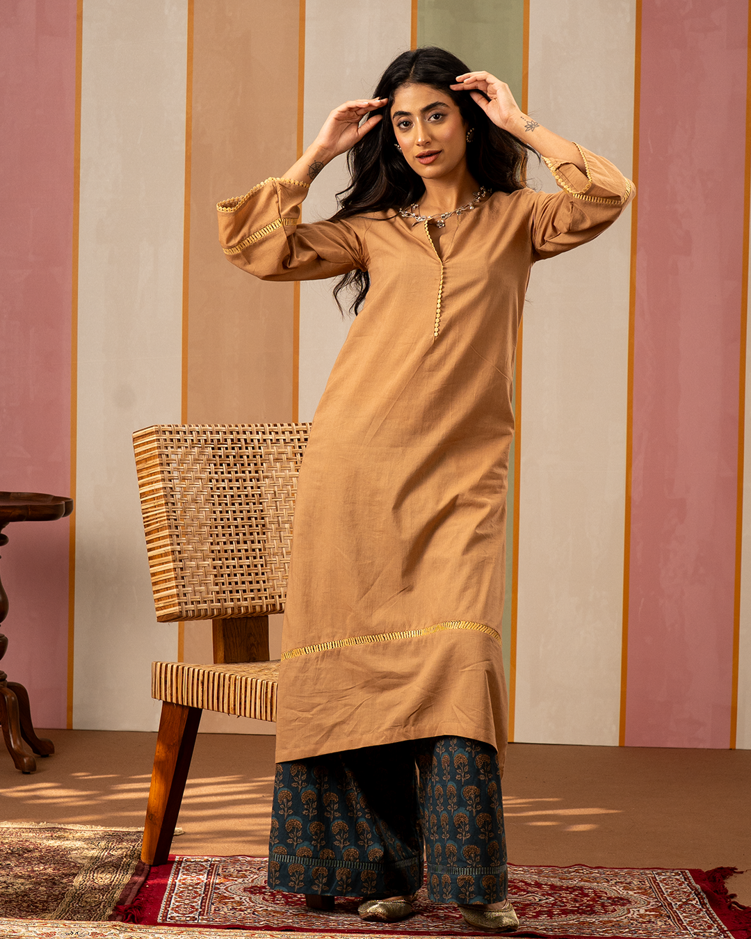 Brown and Blue Printed Cotton Kurta Set