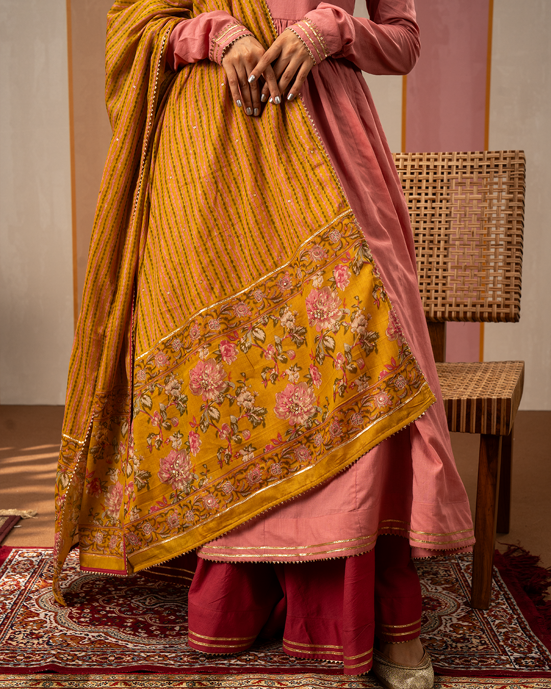 Yellow Blockprint Cotton Dupatta with Embroidery