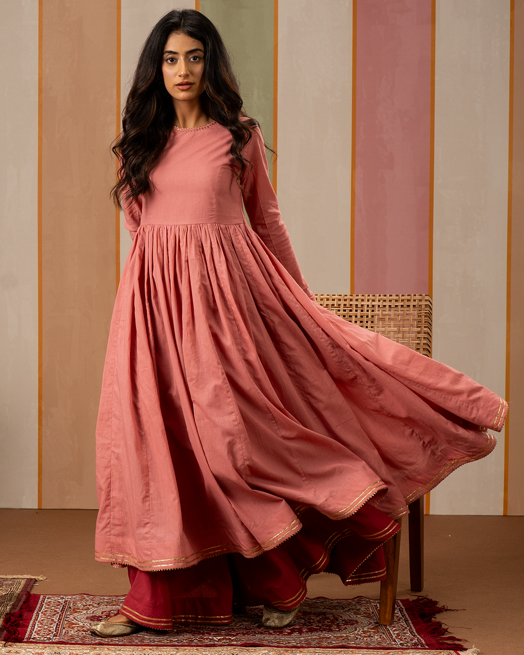 Pink Solid Cotton Flare Kurta