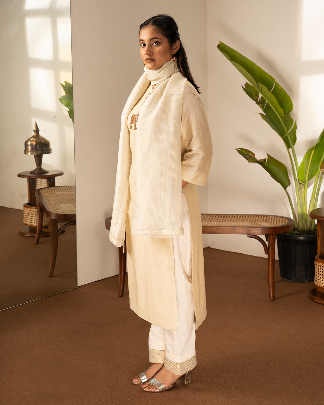 Beige Cotton Silk Tissue Straight Kurta