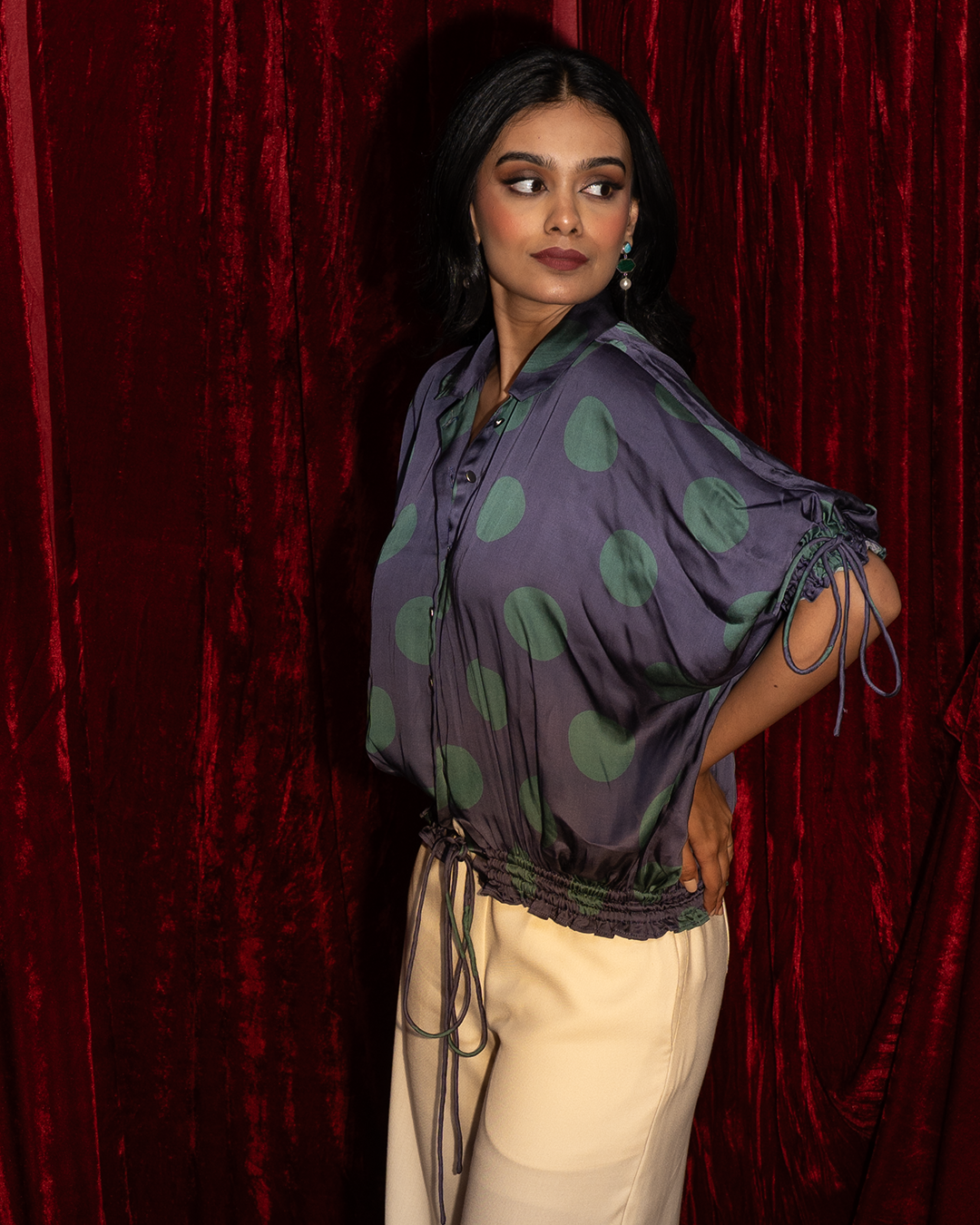 Blue Polka Dot Satin Kaftan Shirt