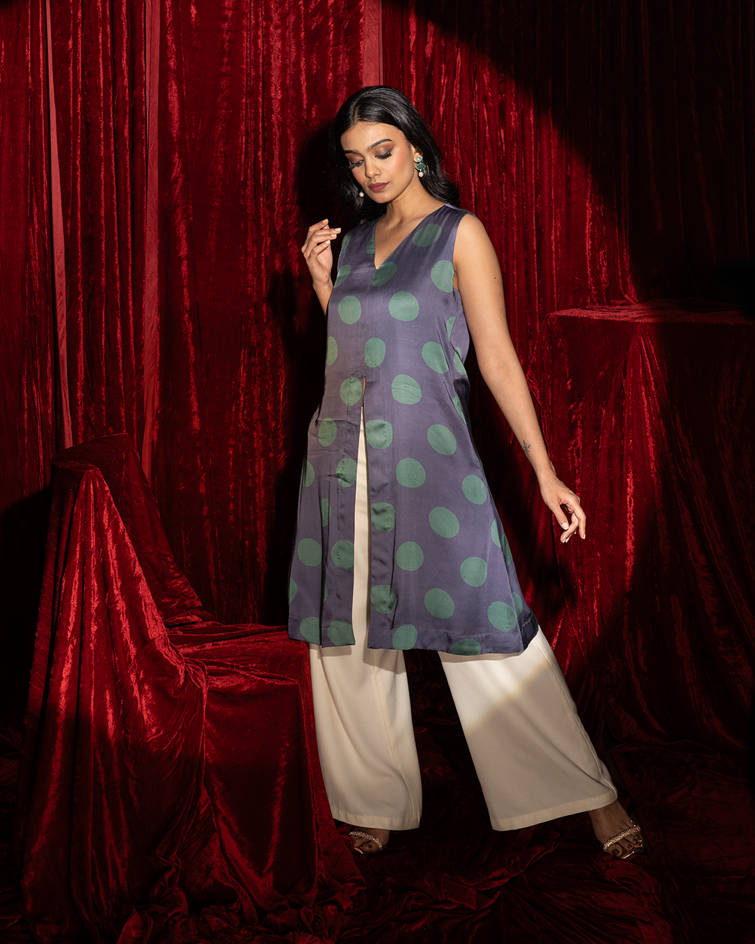 Blue Polka Dot Satin Indowestern Kurta