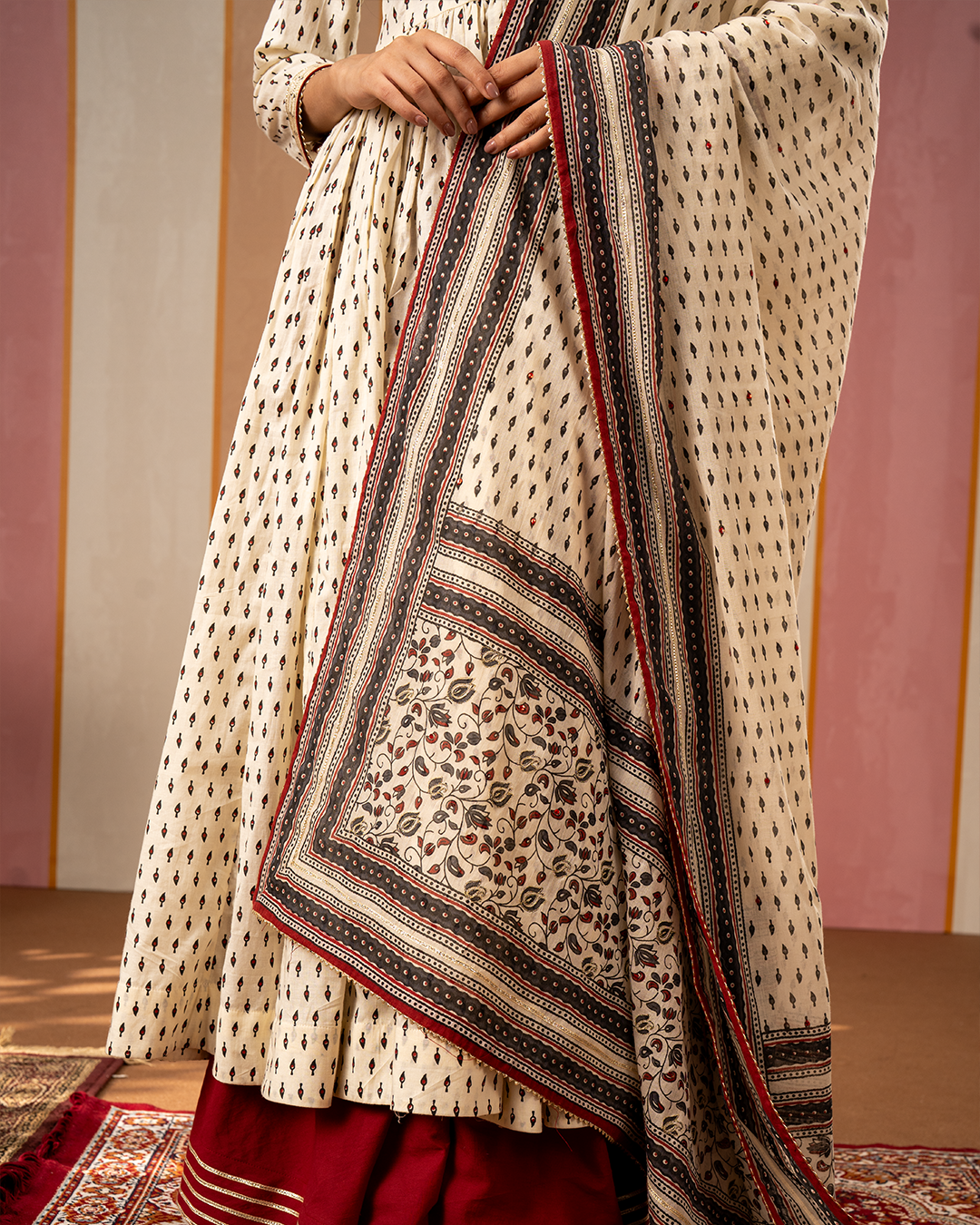 White Blockprint Cotton Dupatta with Embroidery