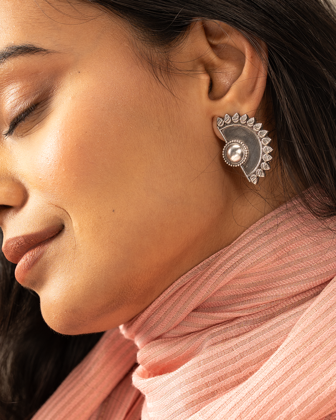 Antique Silver Half Flower Stud Earrings
