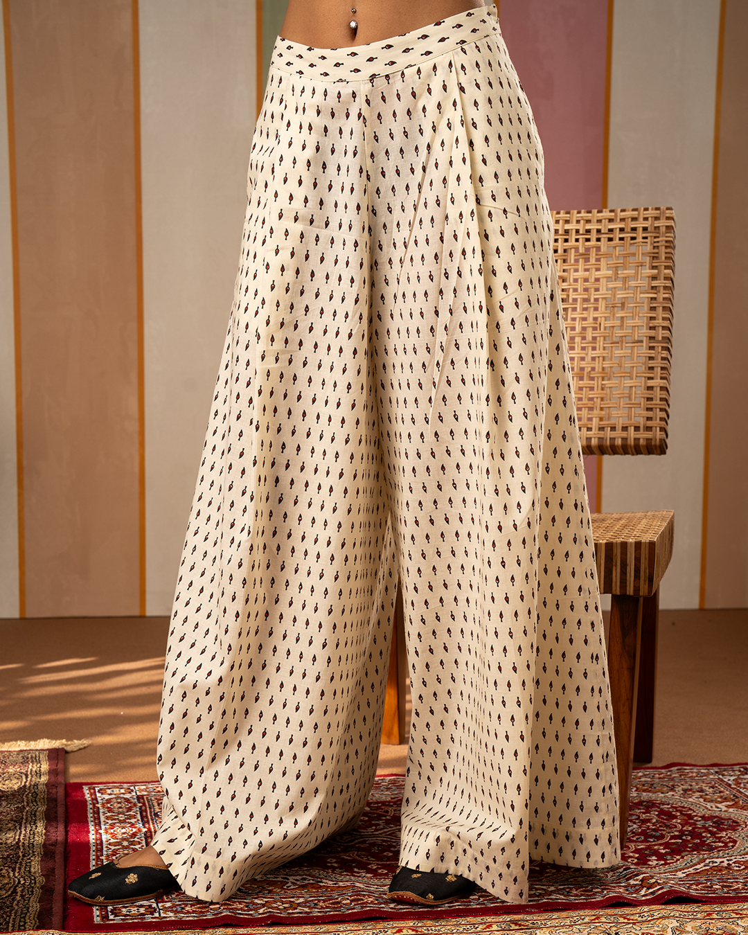 White Blockprint Cotton Palazzo Pants