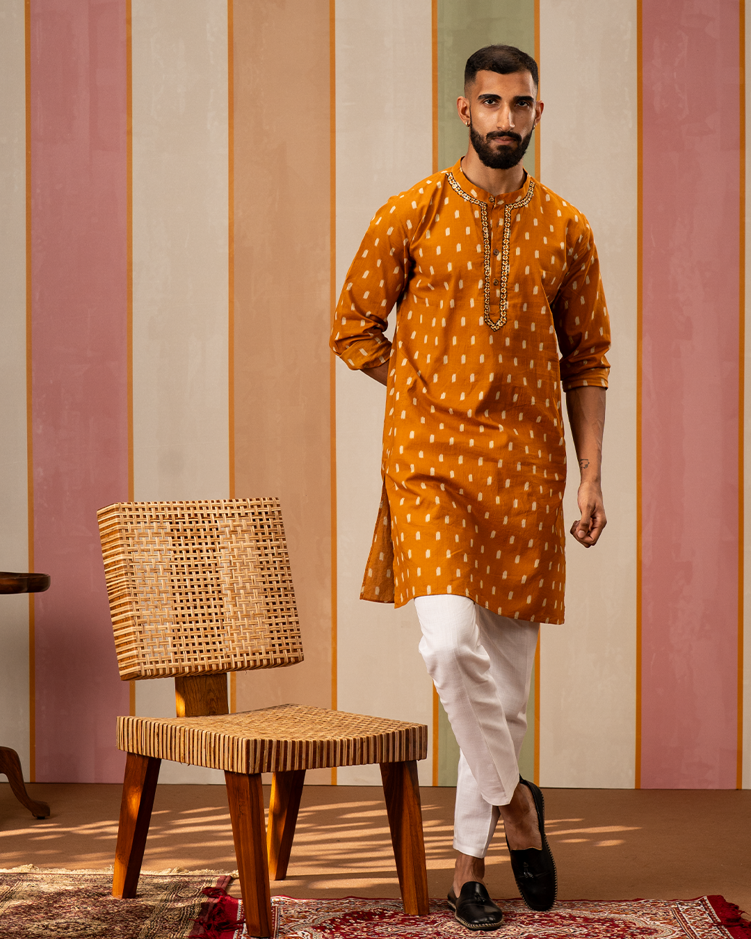 Mustard Ikat Printed Cotton Kurta With Embroidery
