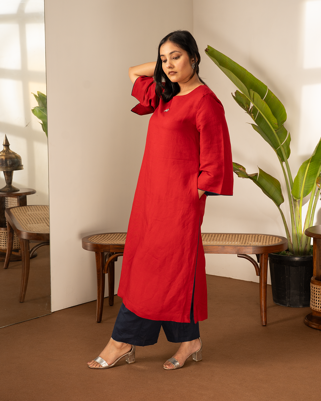 Red Blue Linen Asymmetrical Kurta Set