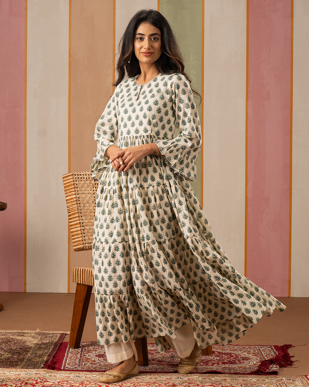 Sea Green and White Blockprint Flare Long Kurta