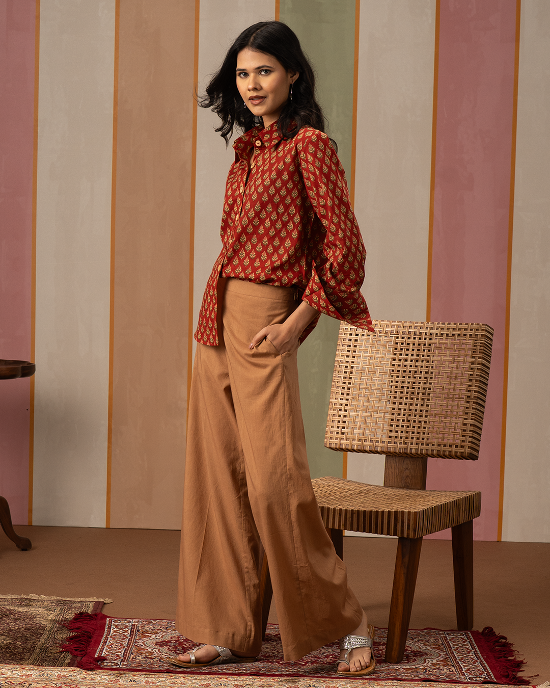 Red and Brown Cotton Blockprint Shirt Coord Set