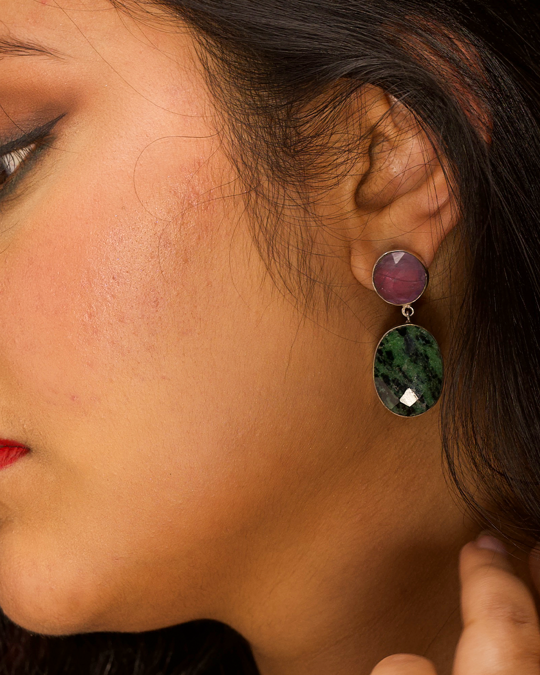 Silver Purple Green Stone Dangle Earrings