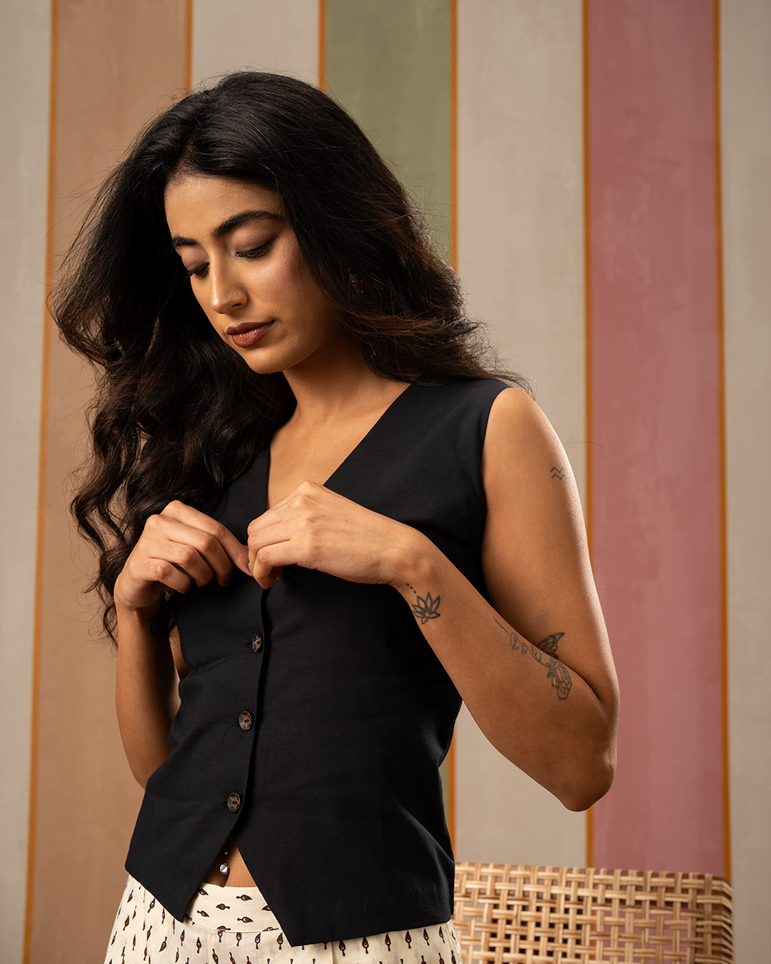 Black Solid Cotton Waistcoat