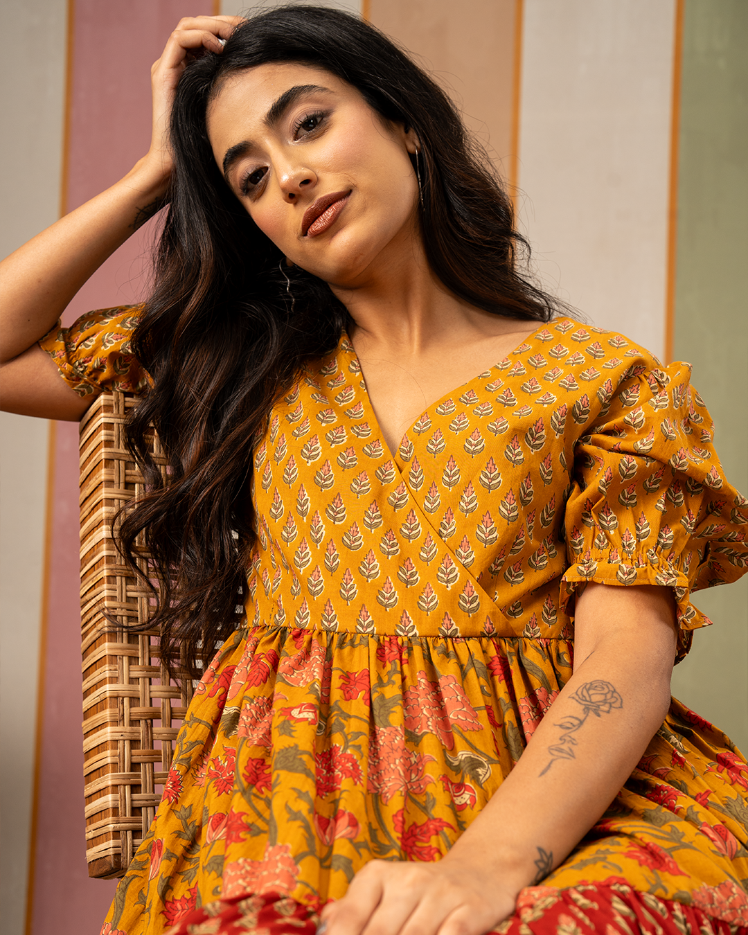 Multicolour Blockprint Cotton Flare Midi Dress