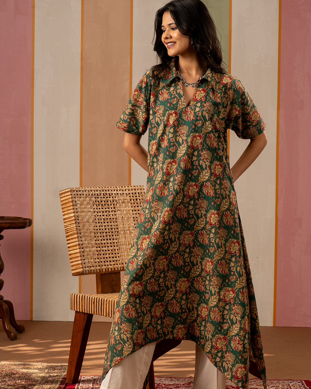 Green Blockprint Cotton Kaftan Kurta