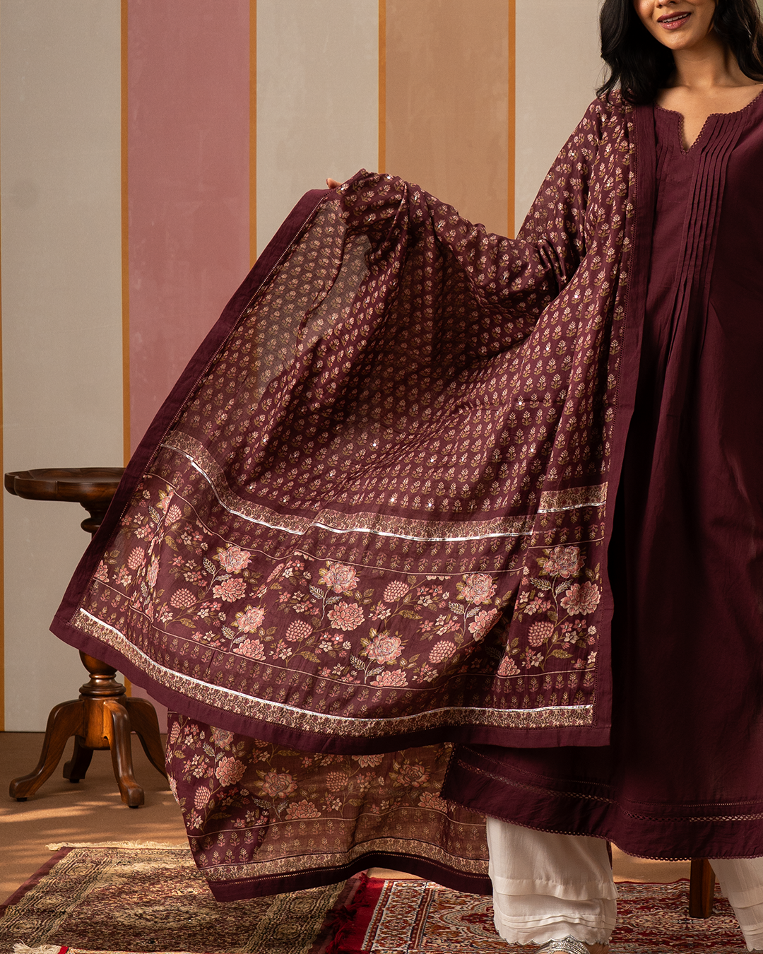 Purple Blockprint Cotton Dupatta with Embroidery