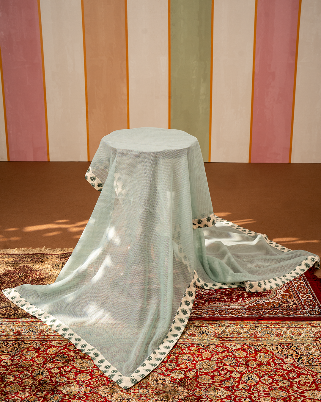 Sea Green Solid Doria Dupatta with Blockprint Border