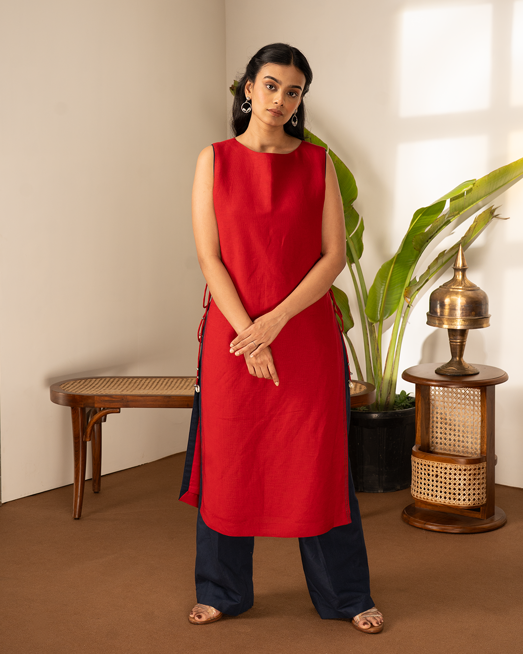 Red Blue Linen Straight 2-Piece Kurta Set