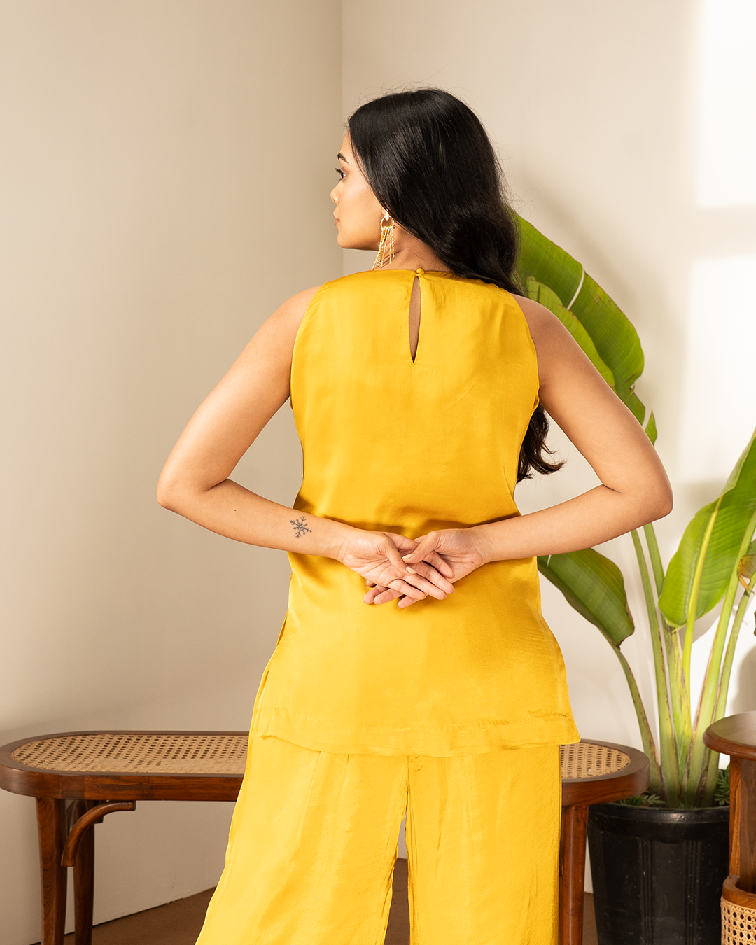 Ochre Yellow Satin Indowestern Kurta