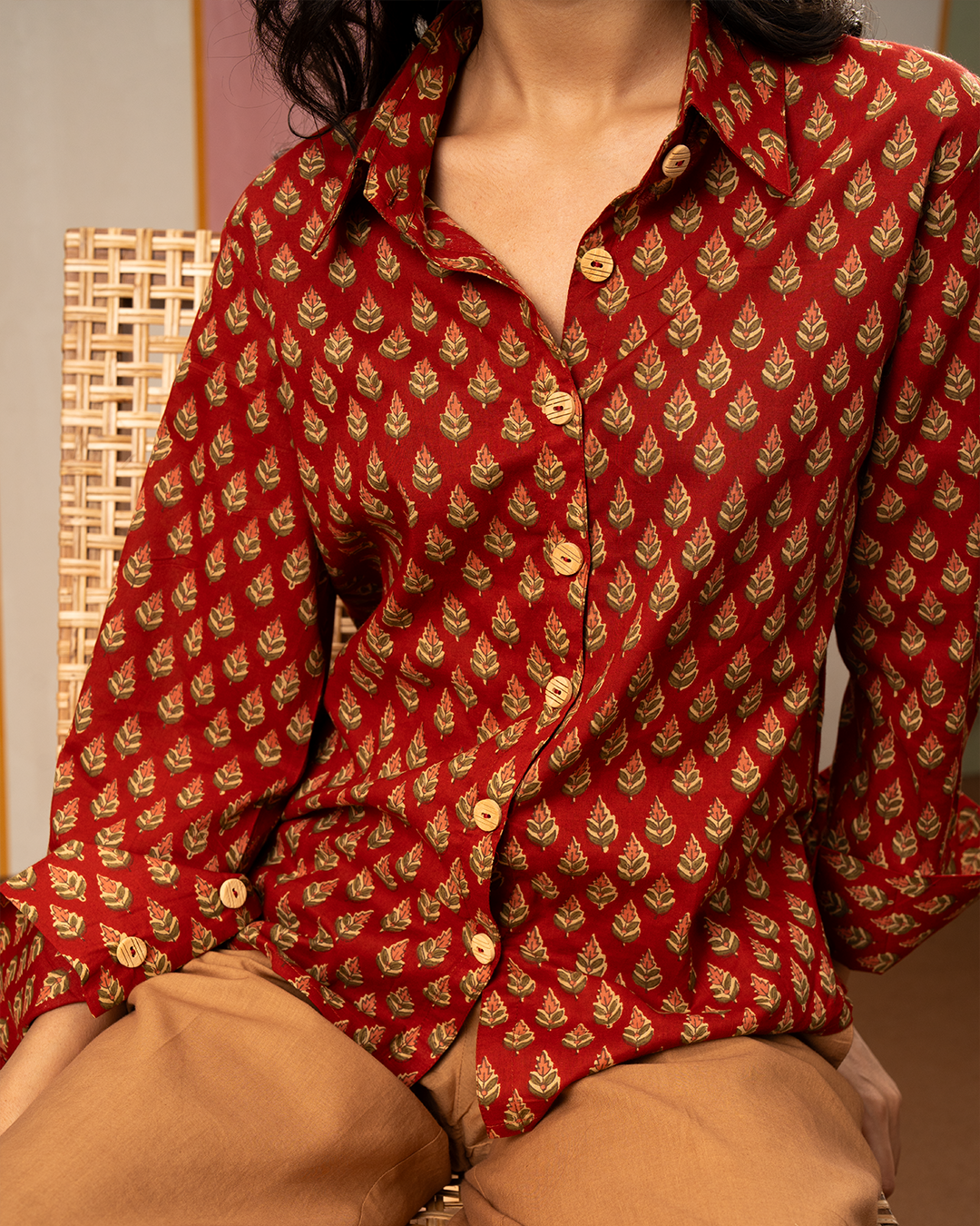 Red Blockprint Womens Cotton Shirt