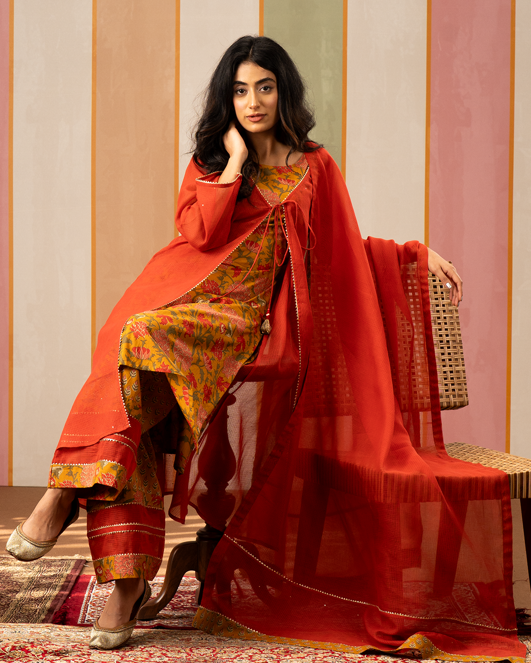 Red and Yellow Printed Cotton Doria Kurta Set