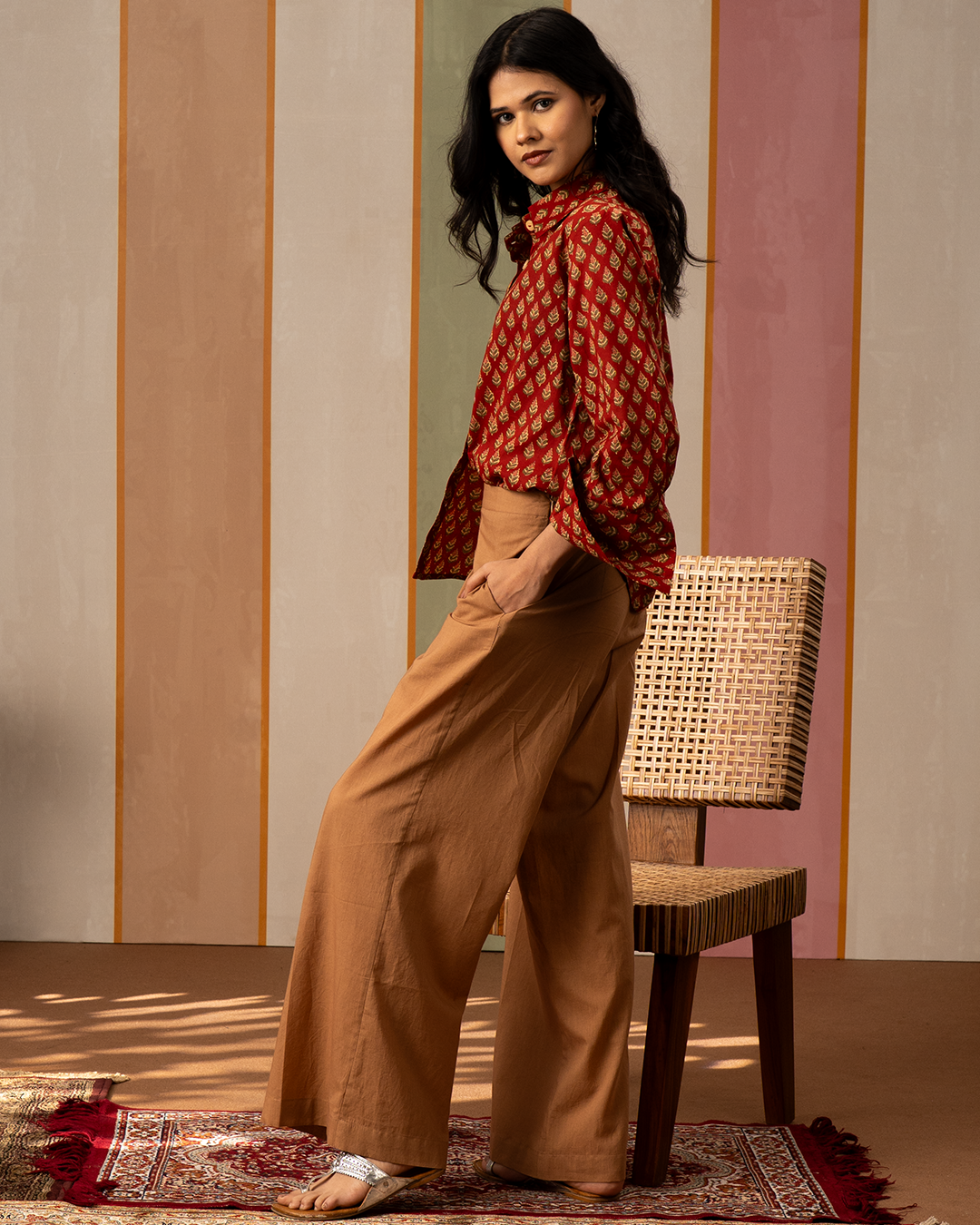 Red and Brown Cotton Blockprint Shirt Coord Set