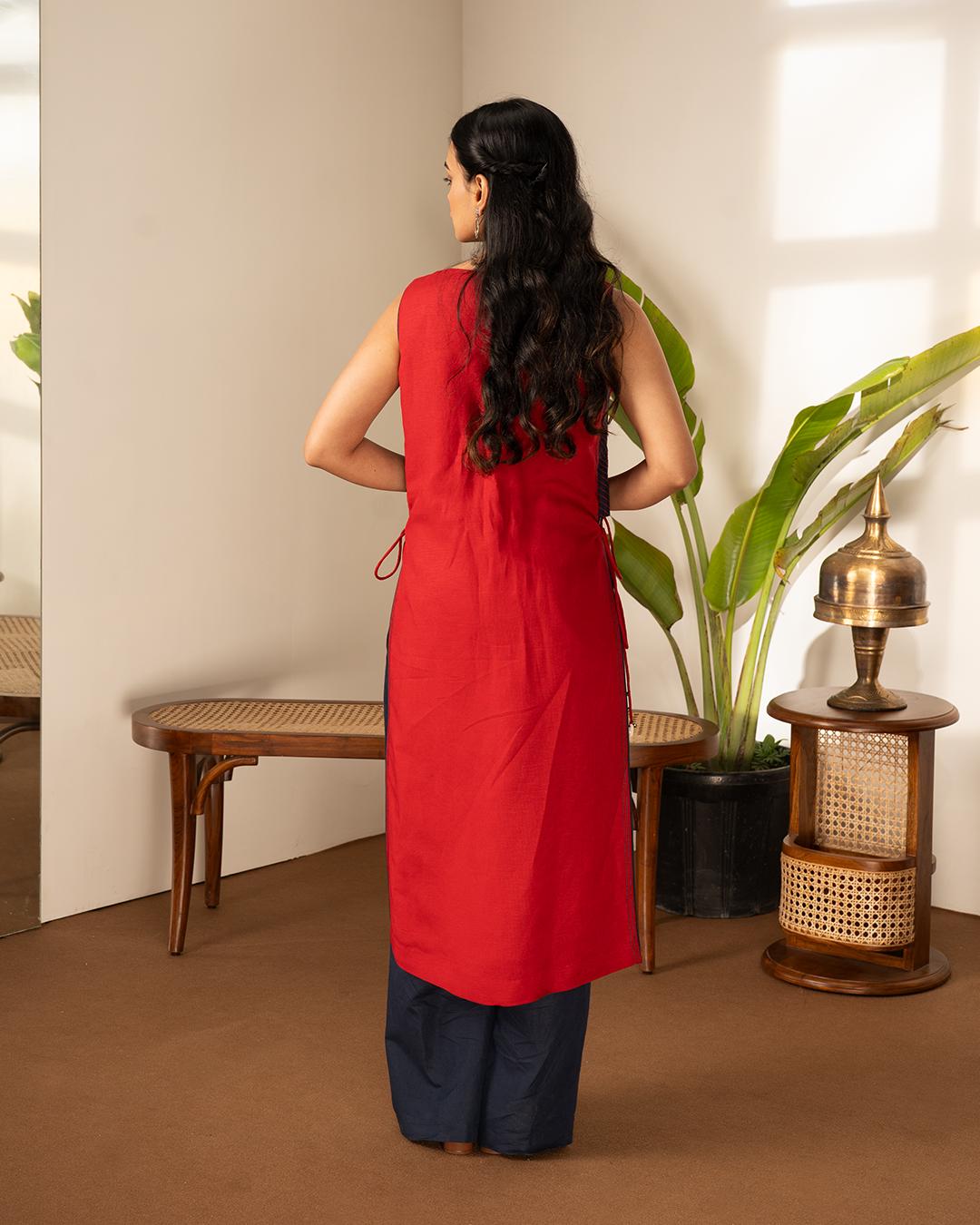 Red Blue Linen Side Trim Straight Kurta