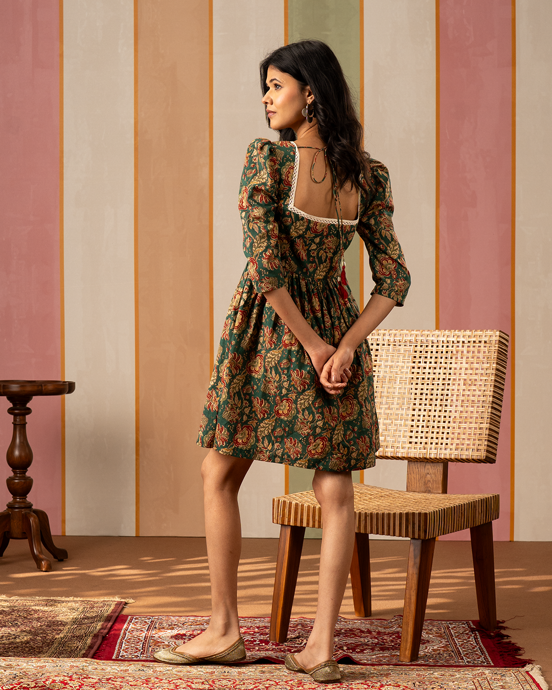 Green Blockprint Cotton A-Line Short Dress