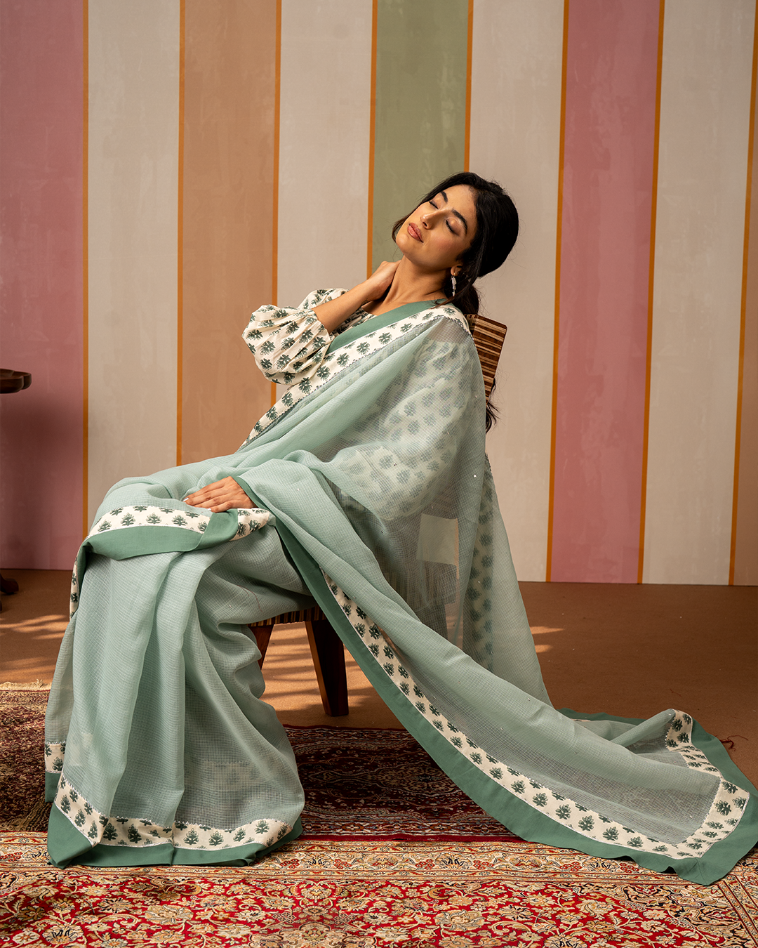 Sea Green Doria Saree with Blockprint Border