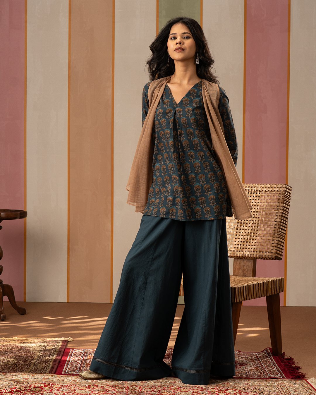 Blue and Brown Cotton Doria Blockprint Coord Set with Jacket