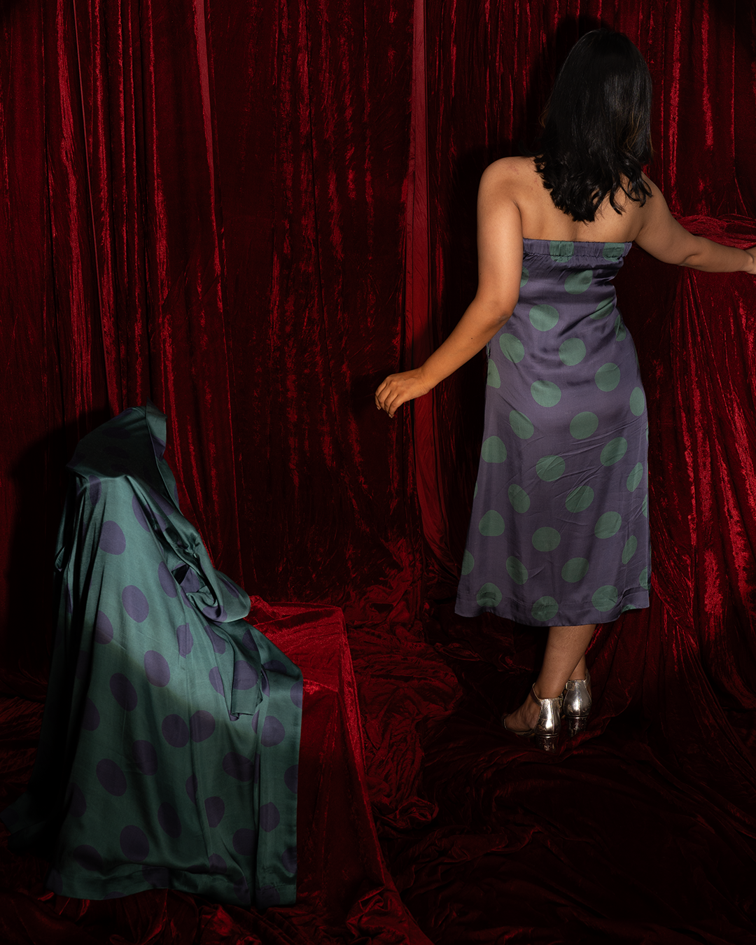 Green Polka Dot Satin Midi Tube Dress