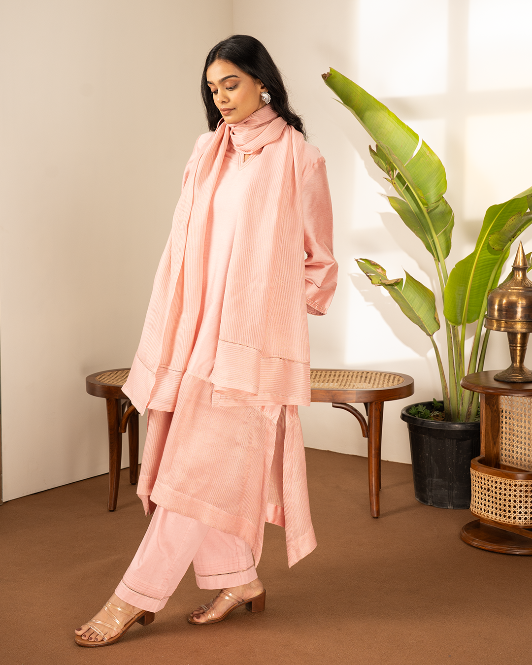 Pink Cotton Silk Tissue Asymmetrical Kurta
