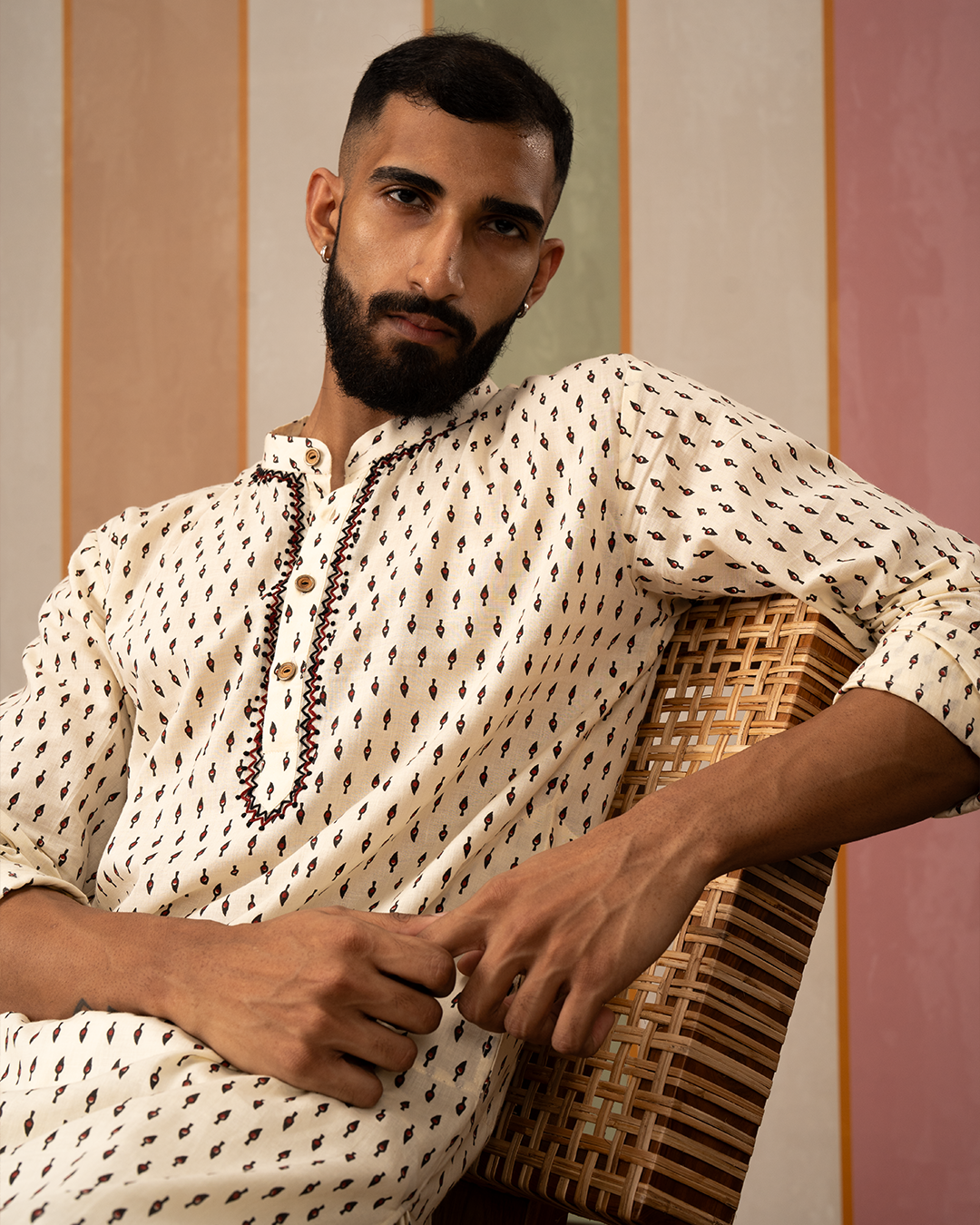White Blockprint Cotton Kurta With Embroidery