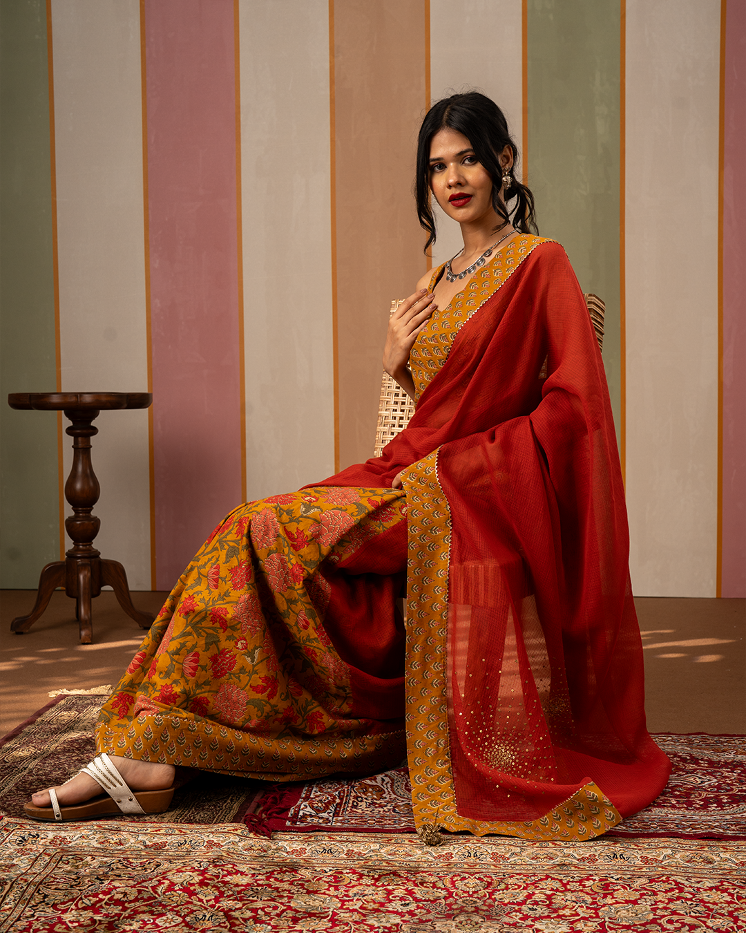 Red and Yellow Doria Blockprint Cotton Saree with Embroidery