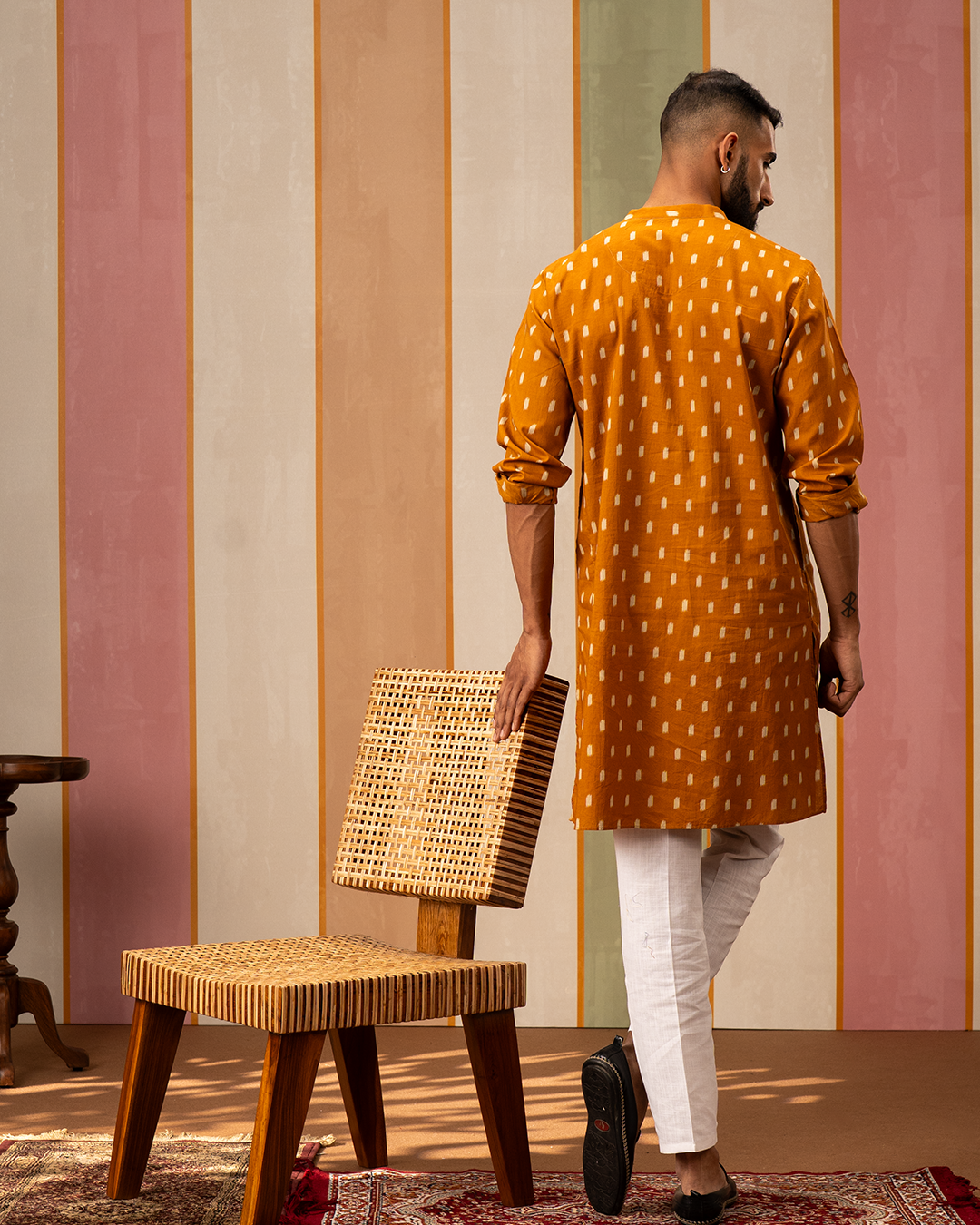 Mustard Ikat Printed Cotton Kurta With Embroidery