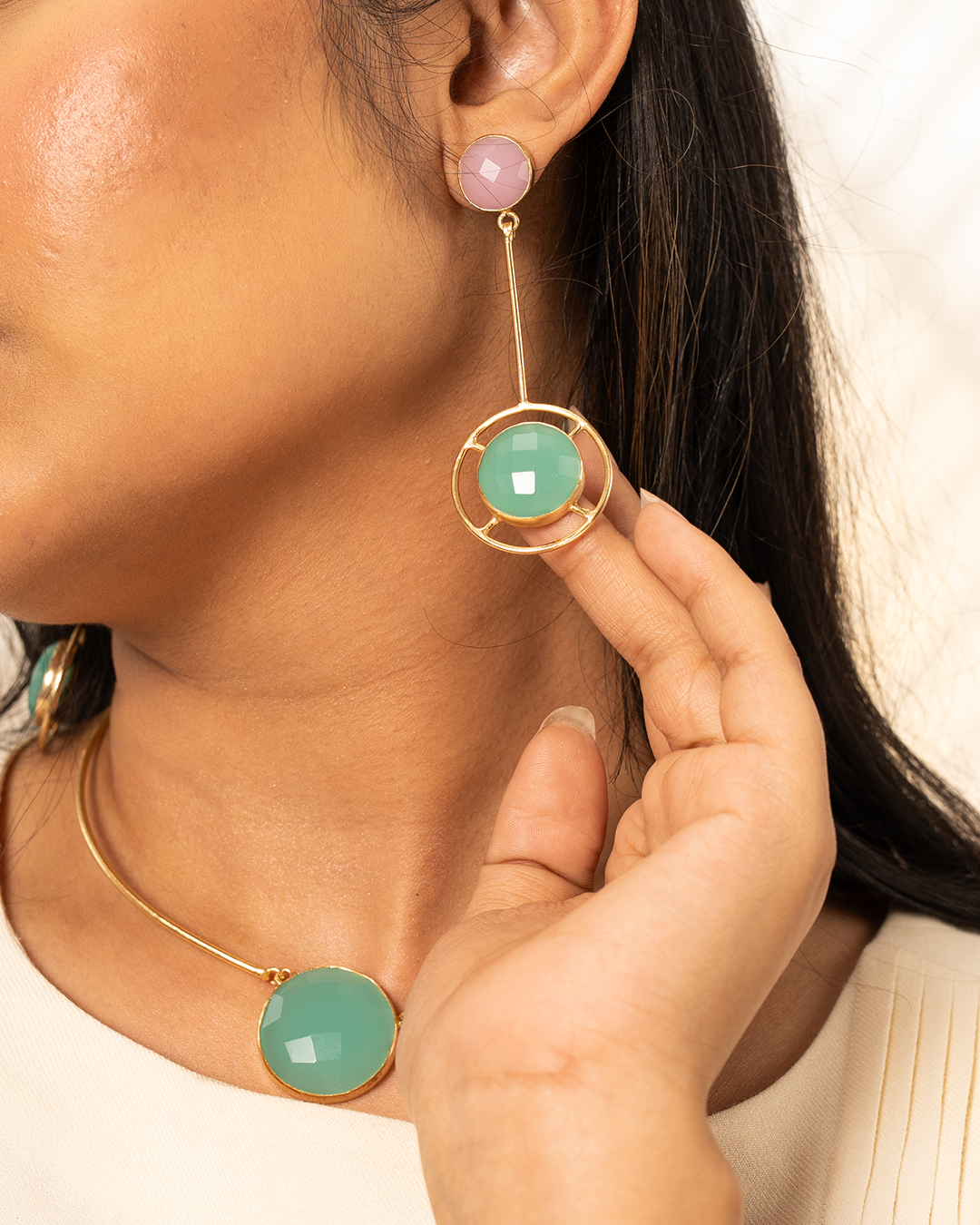 Gold Pink Green Stone Dangle Earrings