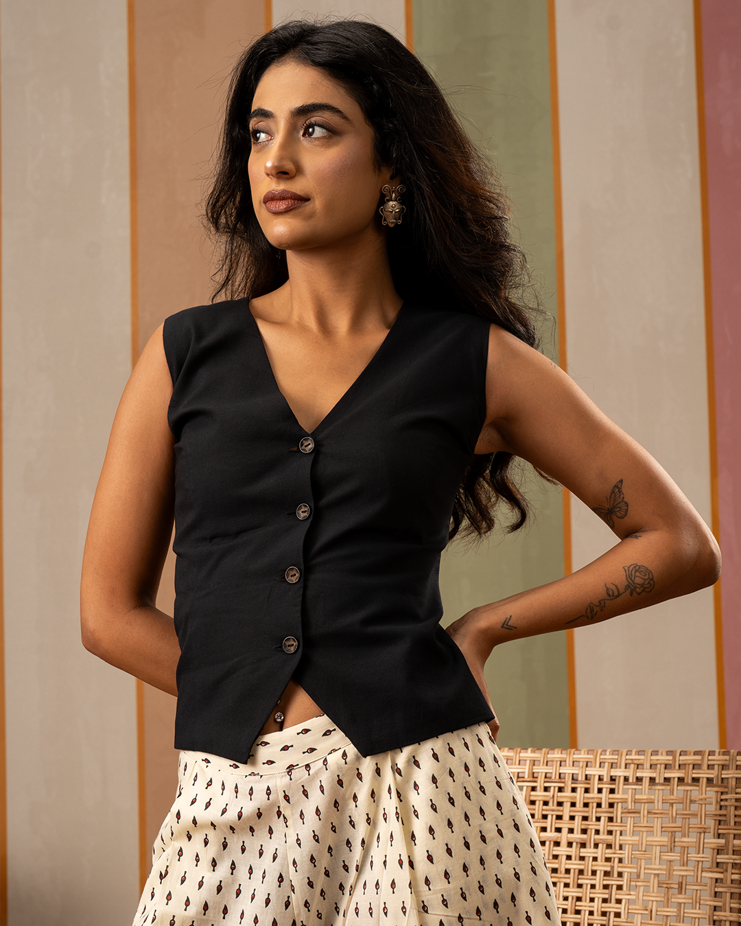 Black Solid Cotton Waistcoat
