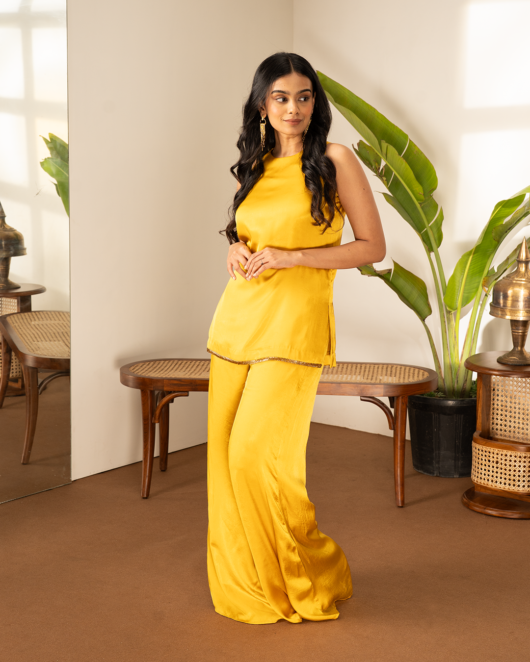 Ochre Yellow Satin Indowestern Set