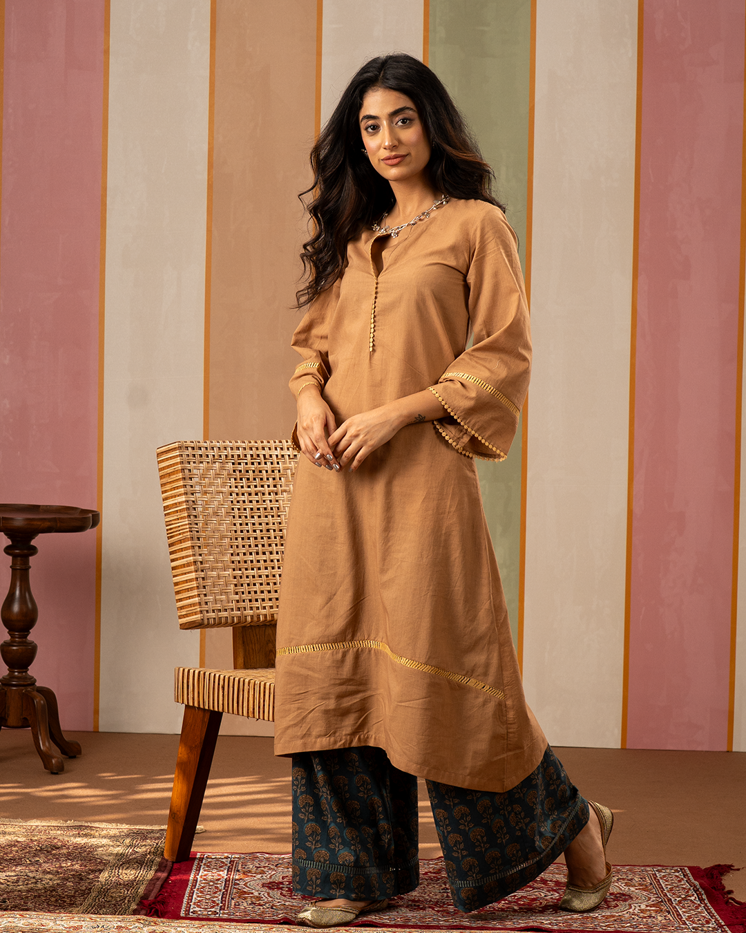 Brown and Blue Printed Cotton Kurta Set