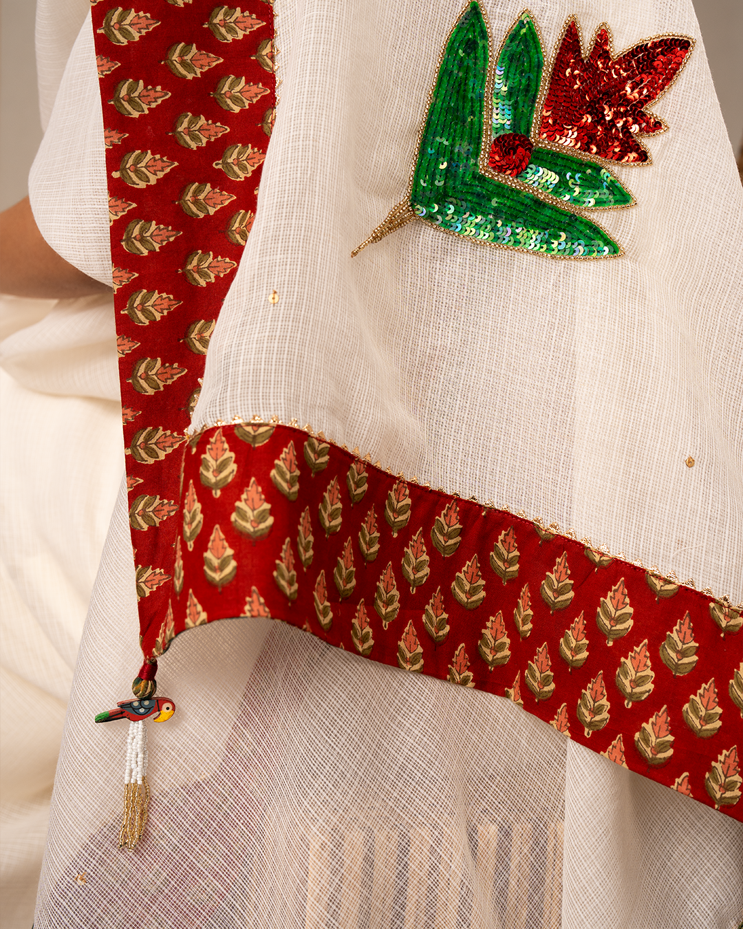 Off White Doria Blockprint Saree with Embroidery