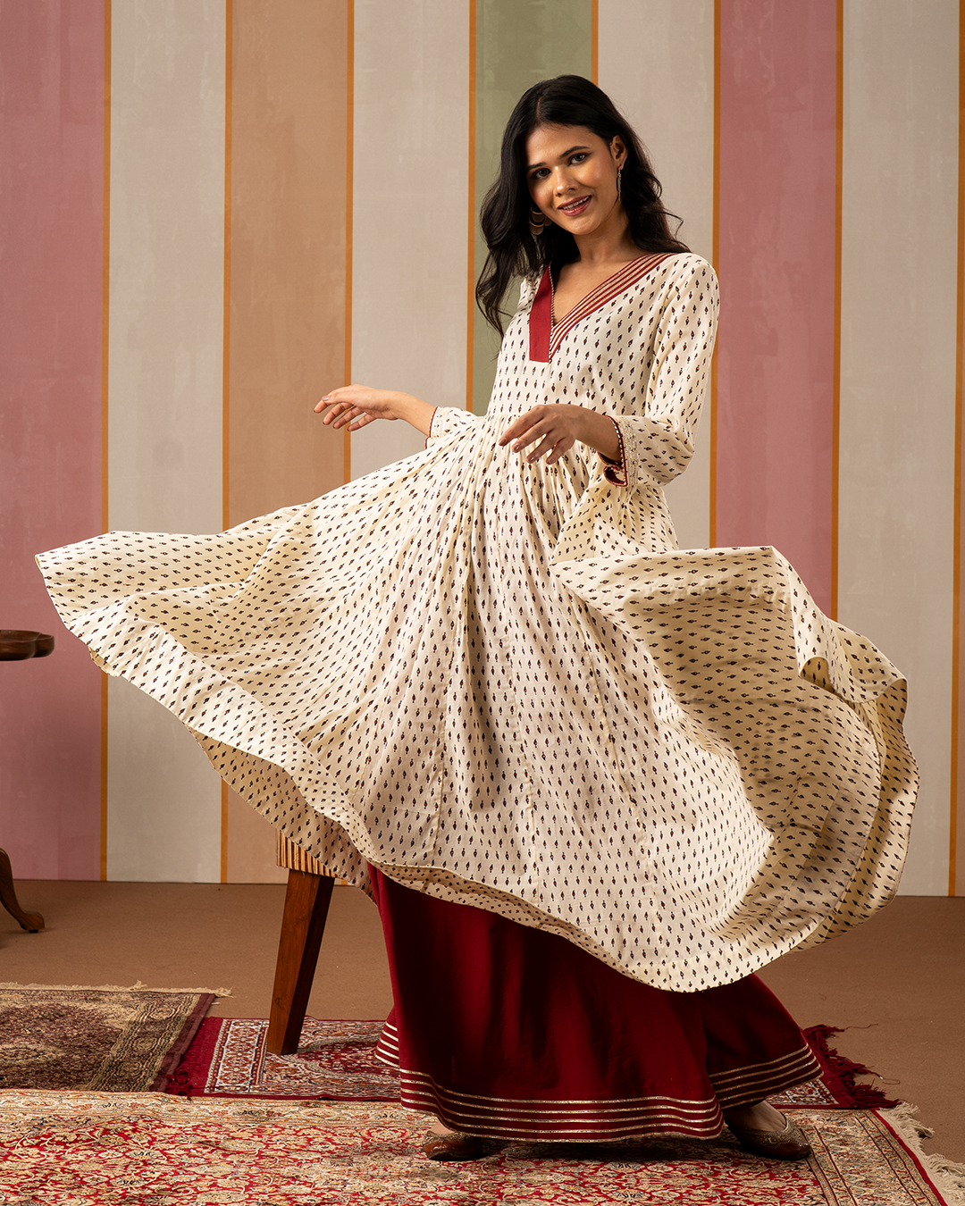 White Blockprint Cotton Flare Kurta